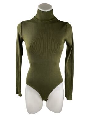 Lulus Womens Green Ribbed Knit Long Sleeve Turtleneck Bodysuit Sweater Top Sz S